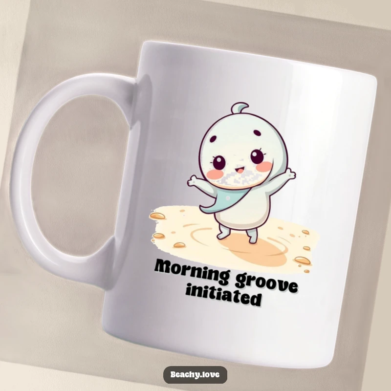 Funny kawaii character doing a silly, energetic dance on warm sand, full of joy and humor on a mug.