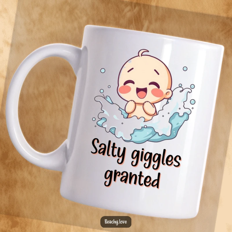 Funny mug featuring a cute kawaii character giggling with delight as playful waves splash around them on a sunny beach.