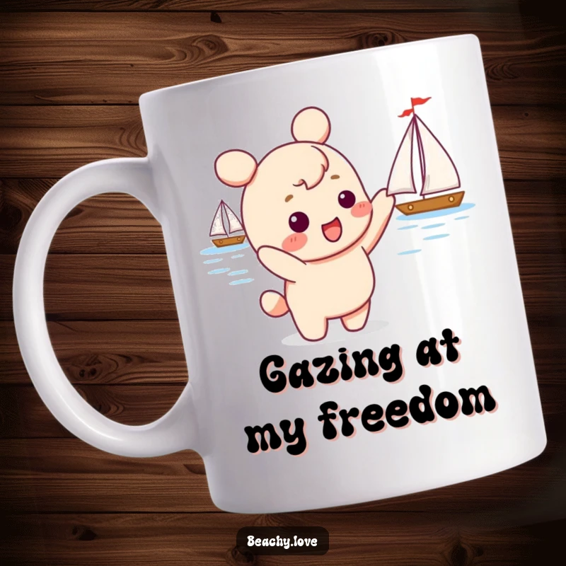 Funny kawaii character excitedly pointing towards a distant sailboat on the ocean, full of wonder and humor on a mug.