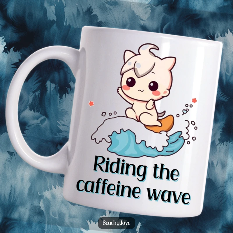 Funny mug of a delighted kawaii character happily riding a rolling wave, embodying pure water fun.