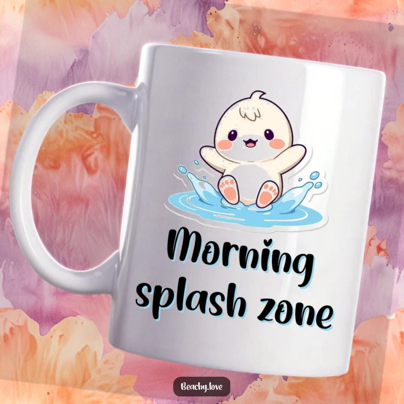 Funny kawaii character playfully splashing water with their feet at the beach, depicted on a cheerful mug for seaside lovers.