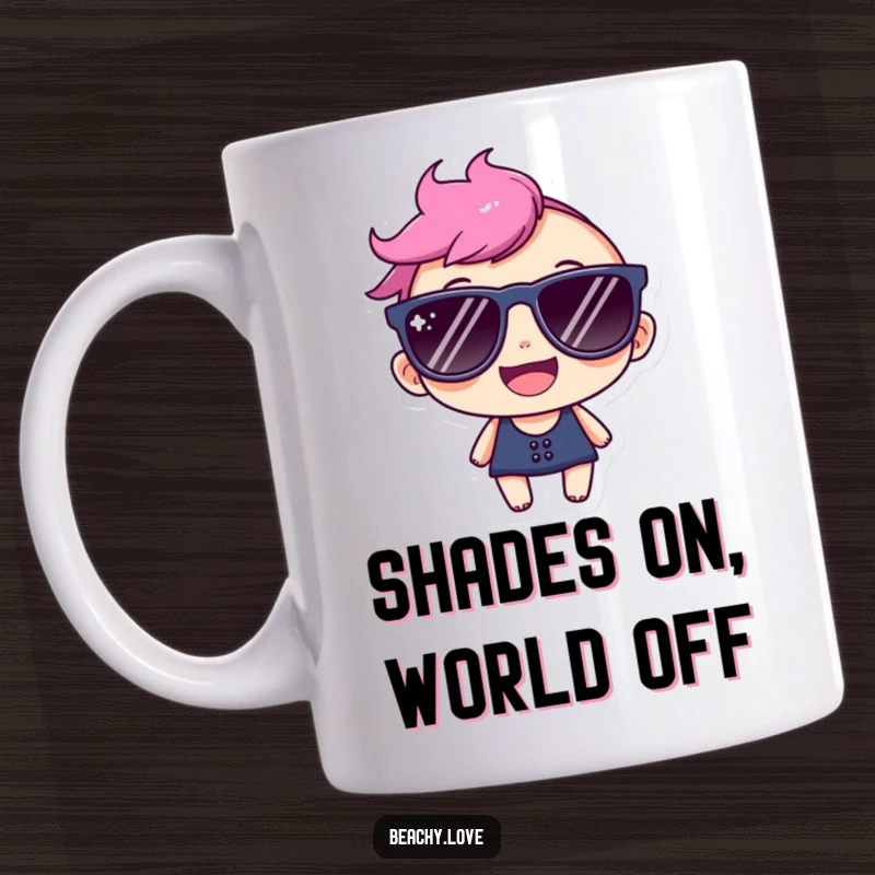 Funny mug featuring a character wearing comically large sunglasses, beaming with a bright, infectious smile, exuding pure happiness.