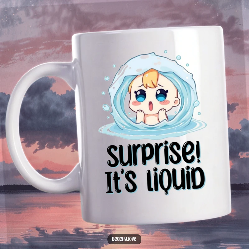 Funny mug with a surprised cartoon character getting playfully splashed by a blue water wave. Perfect for beach humor.
