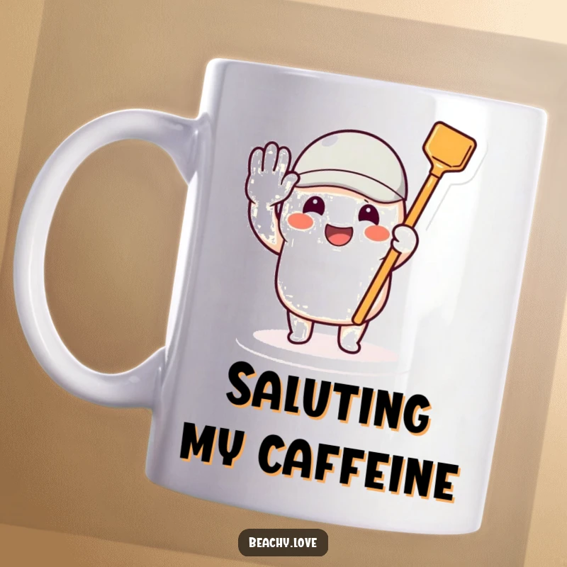 Funny mug featuring a beaming character saluting with a tiny toy shovel, embodying cheerful duty.