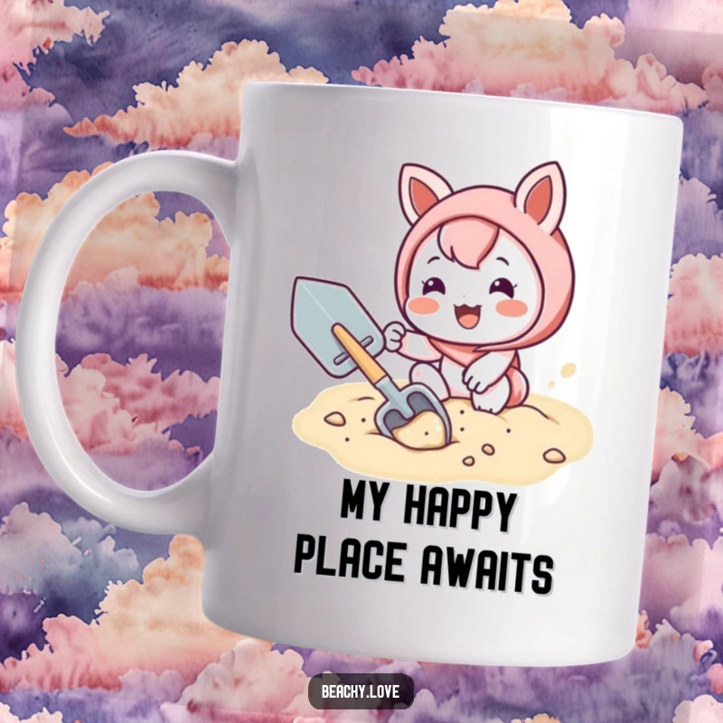 Funny mug showcasing a cute kawaii character joyfully digging in sand with a small shovel, embodying pure childhood fun.