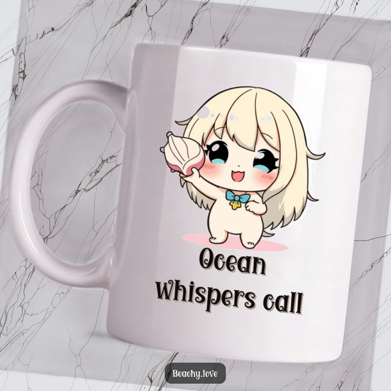 Funny mug with a hopeful character holding a seashell to their ear, conveying a sense of wonder, peace, and listening to the ocean.