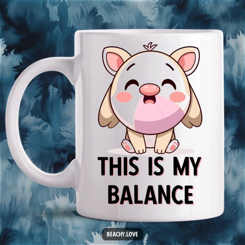 Funny mug depicting a kawaii character with wide eyes, surprised while balancing a colorful beach ball on its nose.