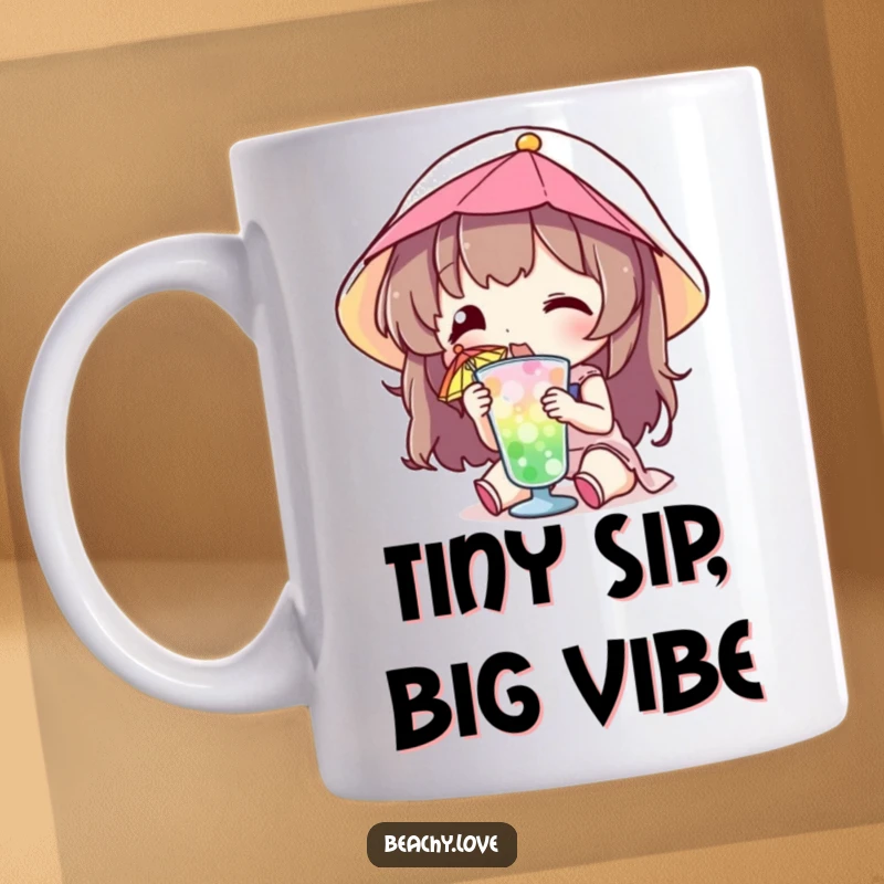 Funny mug showing a character enthusiastically sipping a small drink with a colorful umbrella, embodying vacation joy.