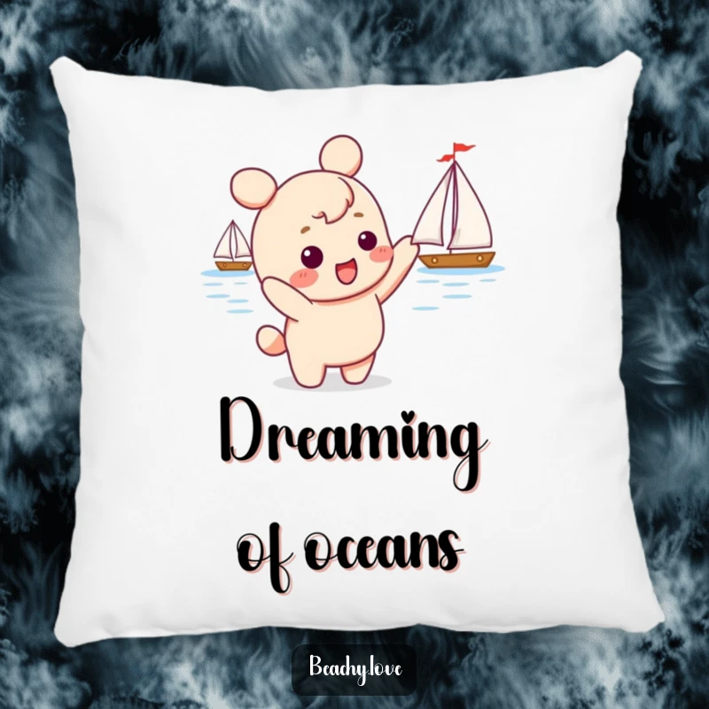 Funny kawaii character excitedly pointing at a sailboat, depicted on a soft pillow, ideal for adding humorous inspiration to any room.