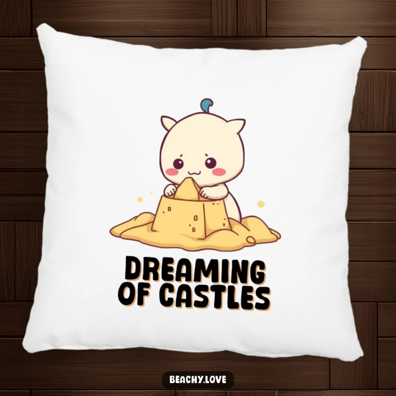 Funny kawaii character focused on building a sandcastle, depicted on a soft pillow, ideal for adding humorous comfort to any room.