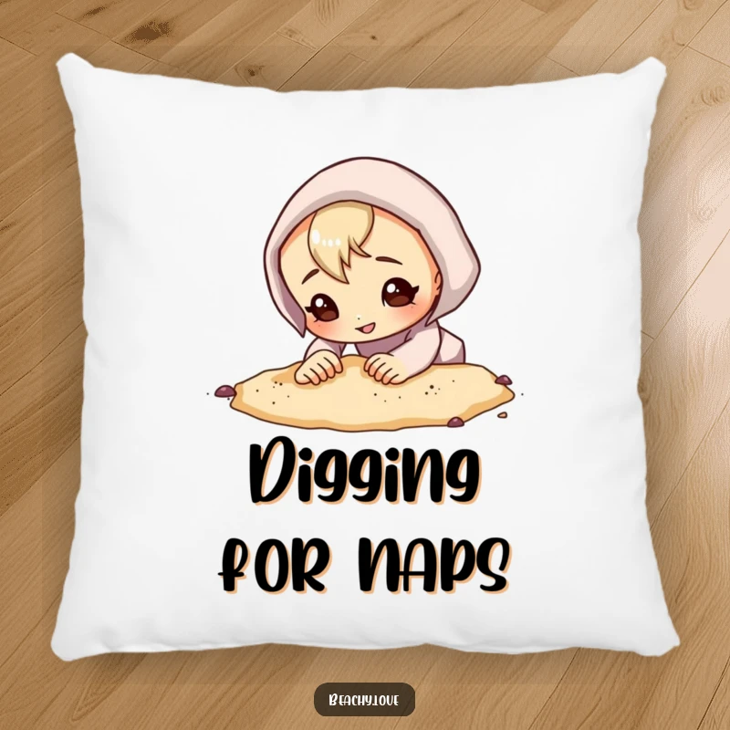 Funny pillow with a curious character digging in the sand with a determined grin, offering comfort and a touch of adventurous decor.