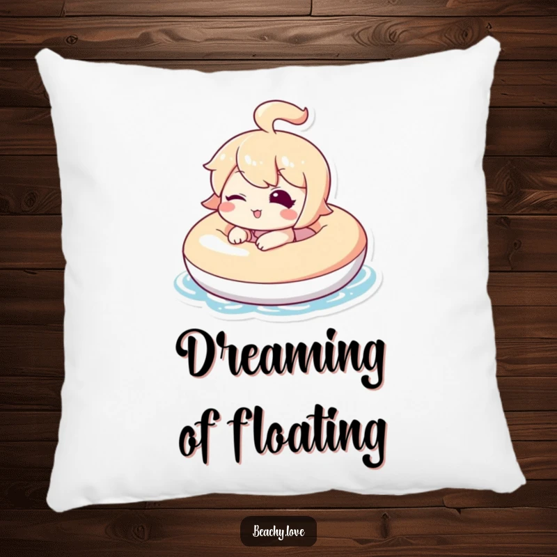 Funny pillow with a kawaii character winking while floating on an inflatable, soft and comfortable, ideal for adding humor to decor.