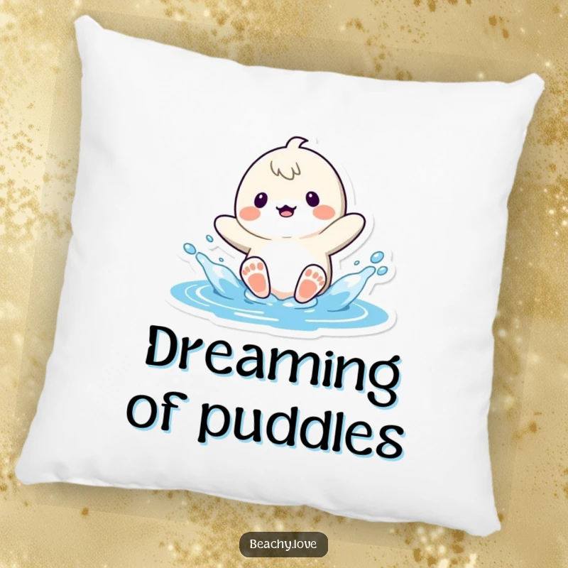 Funny kawaii character playfully splashing water with their feet, creating a cheerful scene on a soft and comfortable pillow.