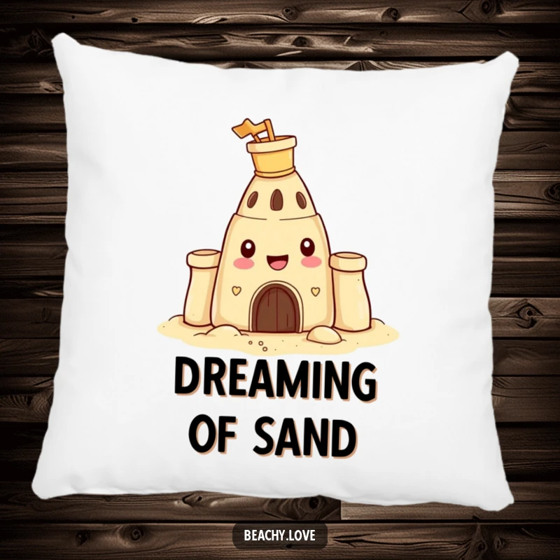 Funny pillow featuring a happy sandcastle with a tiny bucket and spade on its head, perfect for adding comfort and humor.