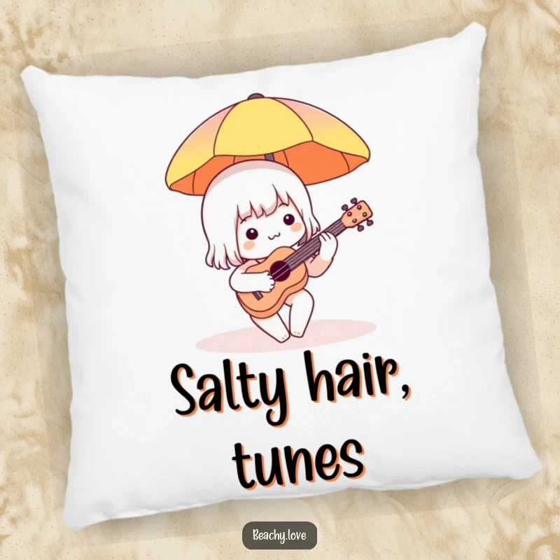 Funny pillow with a charming character playing a ukulele under a beach umbrella, offering comfort and a humorous, musical beachy aesthetic.