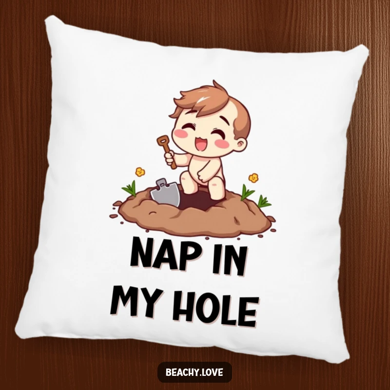 Funny digging excitement pillow with a beaming character digging with a tiny shovel, perfect for adding playful charm to any space.