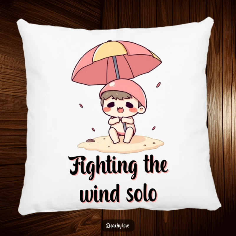 Funny pillow with a kawaii character comically overpowered by a beach umbrella, soft texture, perfect for adding humor to any room.