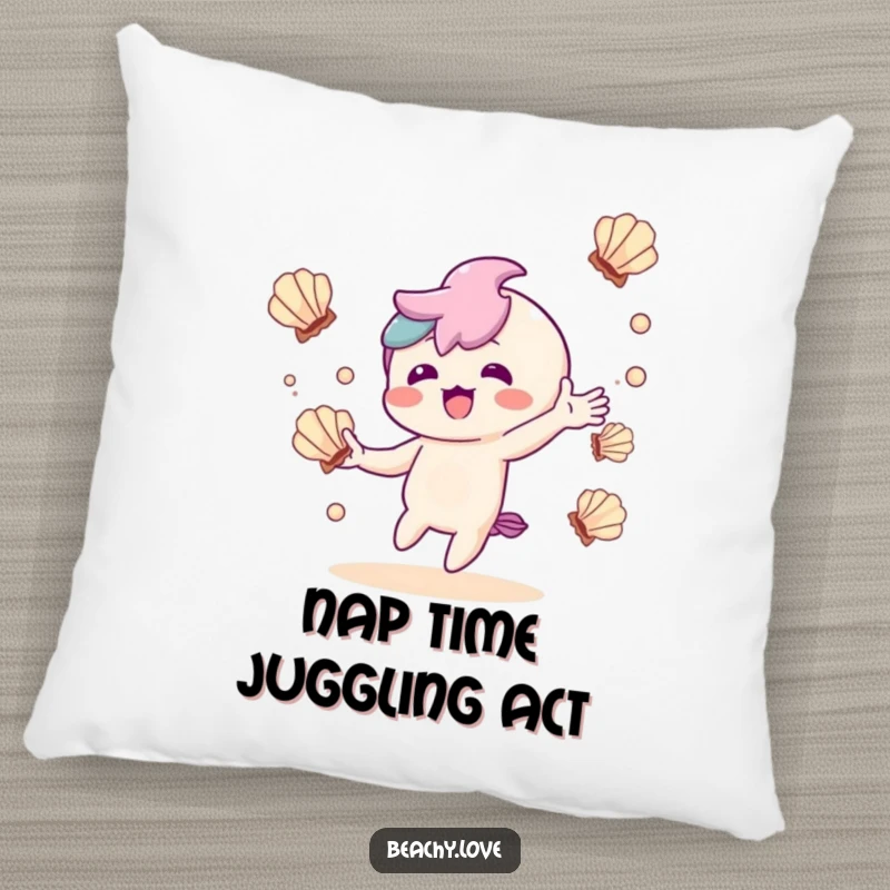 Funny pillow with a delighted kawaii character juggling seashells, perfect for cozy, playful spaces.