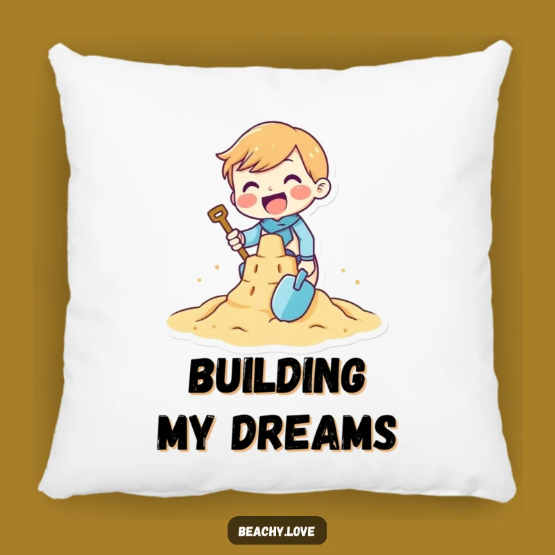 Funny Sandcastle Builder Pillow: Cozy Tiny Character Beach Accent, Comforting Funny Gift