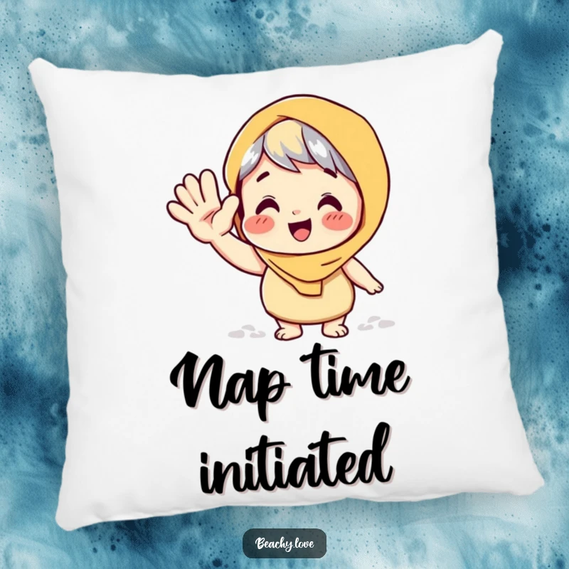 Funny pillow with a character giving a big, playful wave with a sandy hand, adding soft, humorous beach charm.