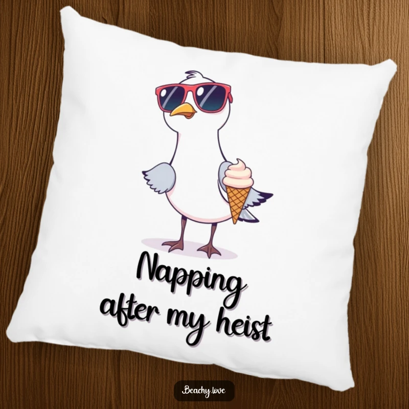 Funny pillow showing a seagull wearing oversized sunglasses trying to steal a tiny ice cream cone. Soft, humorous decor for beach enthusiasts. Cozy and comical.