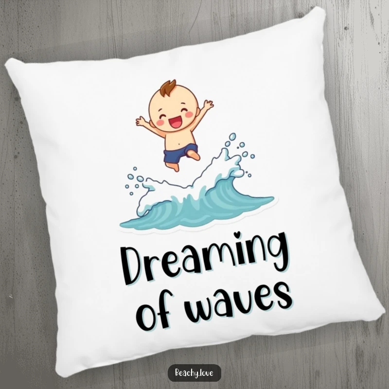 Funny pillow featuring a cheerful character jumping high over small waves, with a large, dynamic splash illustration, adding comfort and humor.