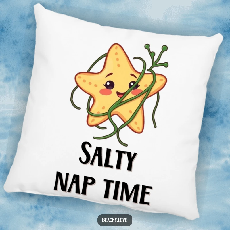 Funny pillow showing a smiling starfish comically tangled in seaweed, perfect for adding a humorous touch to any seating.