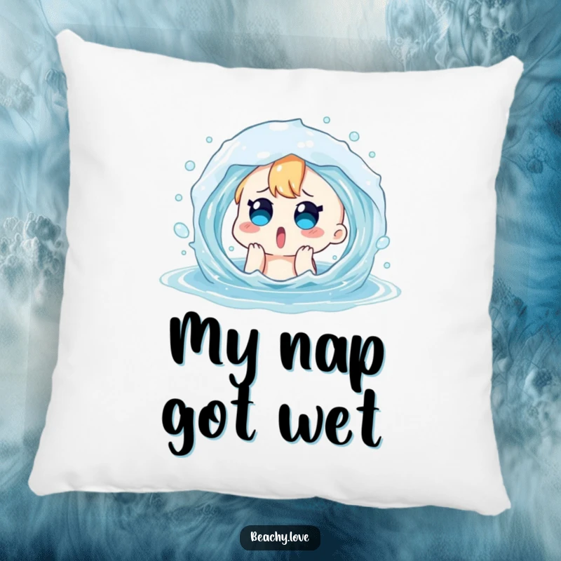 Funny pillow featuring a surprised cartoon character playfully splashed by a water wave. Soft and humorous home decor.