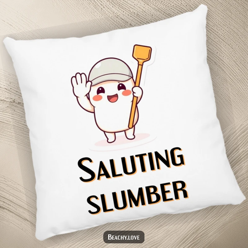 Funny pillow with a beaming character saluting with a tiny toy shovel, offering cozy encouragement.