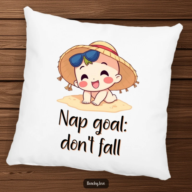 Funny pillow with a happy character wearing a sun hat, comically tripping on the sand, soft and humorous decor.