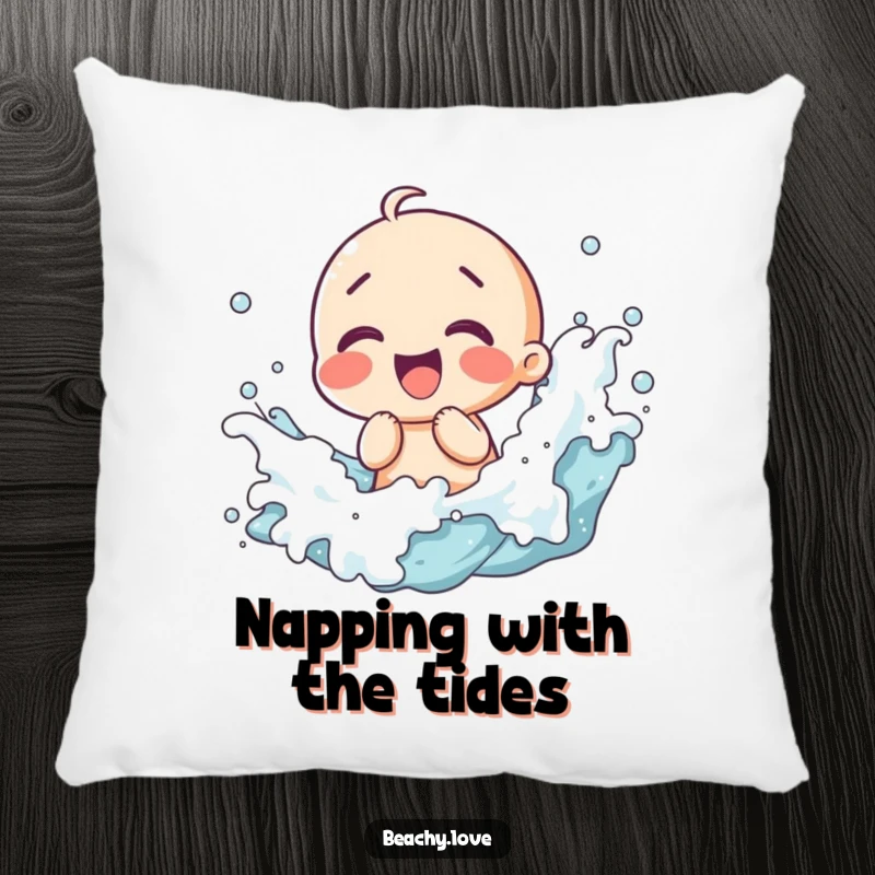 Funny pillow with a kawaii character giggling as waves splash, soft and comfortable, perfect for adding beachy humor to any room.
