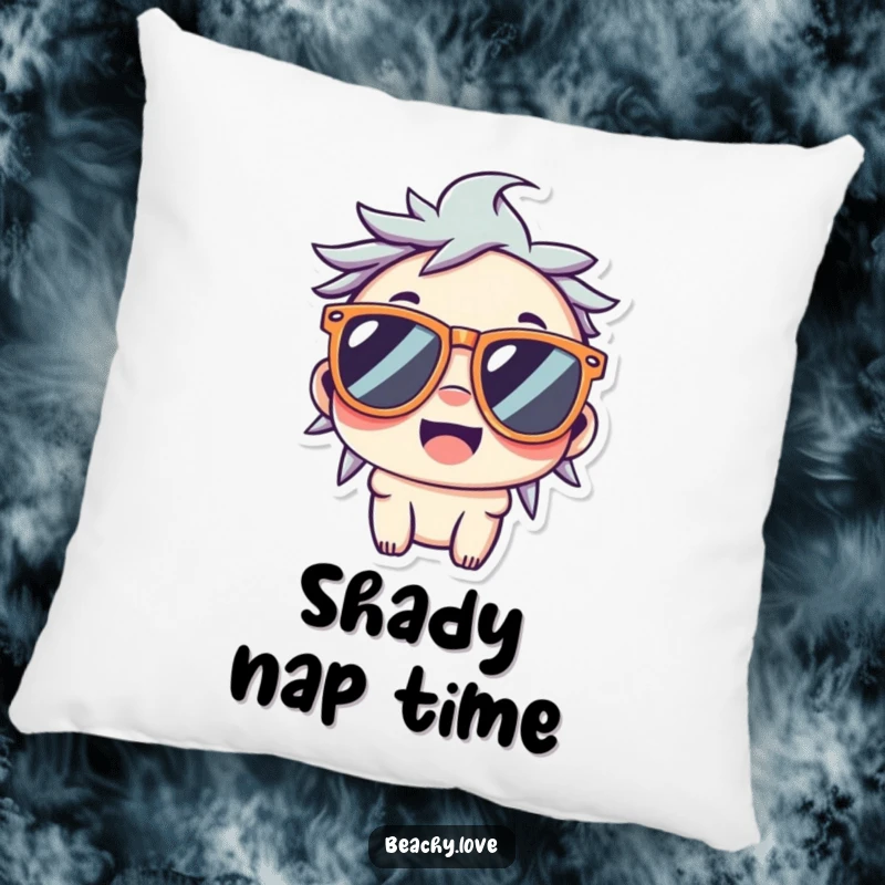 Funny pillow with a smiling kawaii character wearing oversized sunglasses, perfect for a stylish and comfy room.