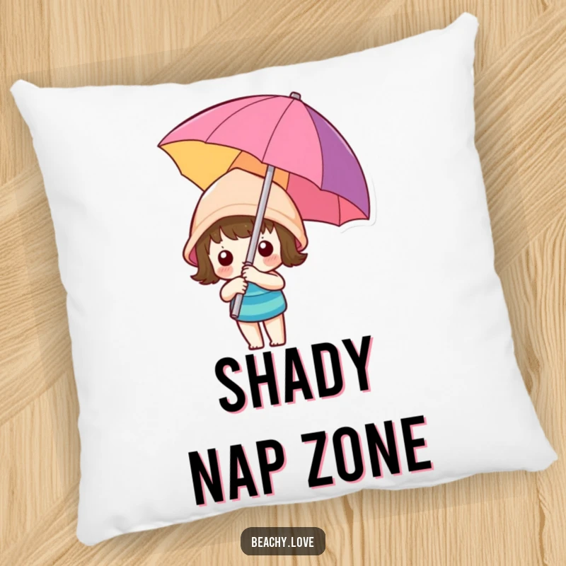 Funny kawaii character holding a colorful beach umbrella, depicted on a soft pillow, ideal for adding humorous comfort to any seating area.