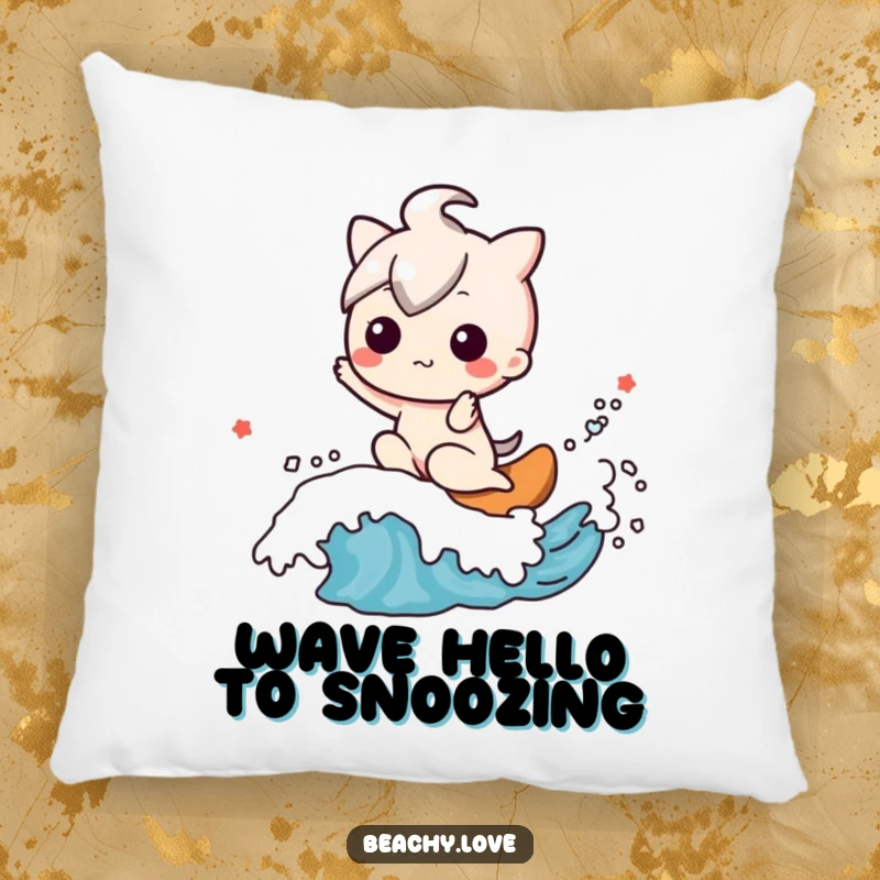 Funny pillow with a happy kawaii character riding a friendly wave, perfect for cozy, beach-themed rooms.
