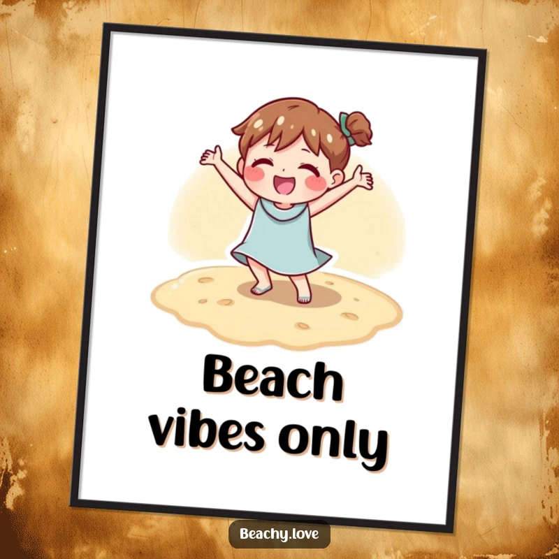Funny digital art print of a character doing a happy dance on warm beach sand, delivering instant beachy joy.