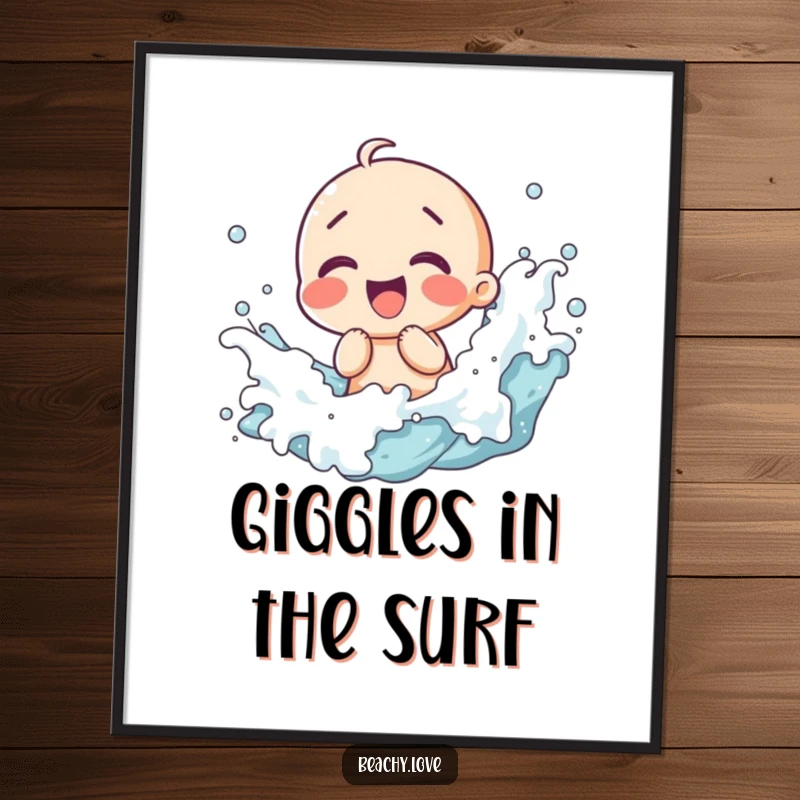 Funny digital art print of a kawaii character giggling with splashing waves, vibrant beach scene conveying pure joy and fun.