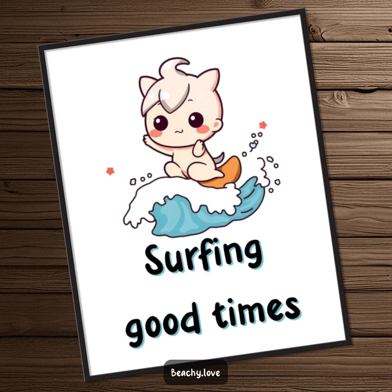 Funny digital art print of a happy kawaii character riding a friendly wave, evoking pure surf bliss.
