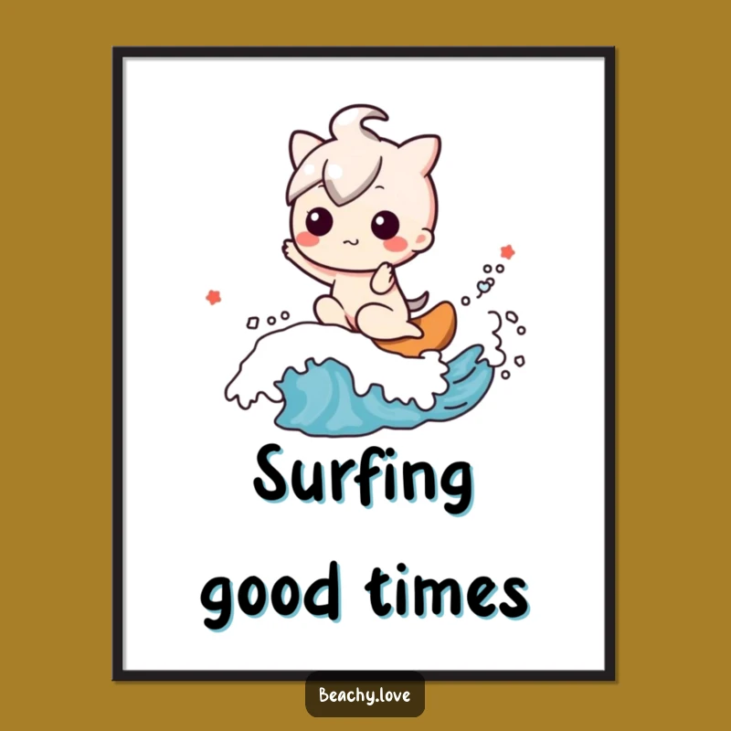 Funny Kawaii Surfer Art Print: Happy Wave Rider Character for Wall Decor Gift