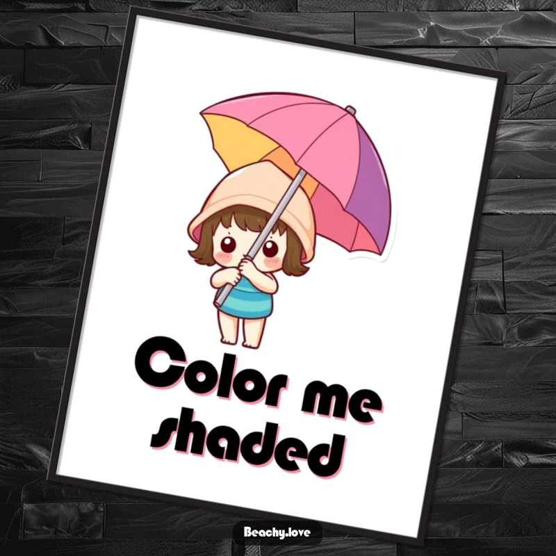 Funny kawaii character holding a colorful beach umbrella, offered as a high-resolution digital art print for instant humorous decor.