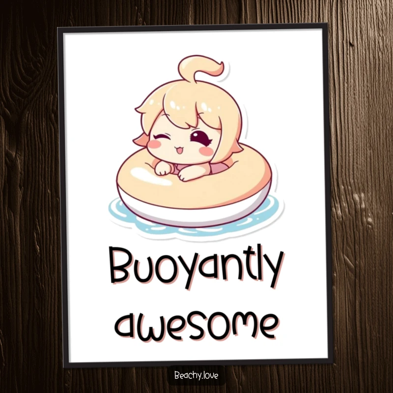 Funny digital art print of a kawaii character winking while floating on an inflatable, conveying relaxation and joy for wall decor.