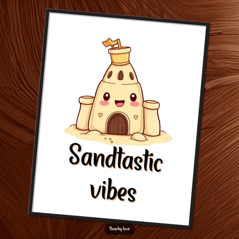Funny digital art print of a happy sandcastle with a tiny bucket and spade on its head, perfect for printable beach decor.