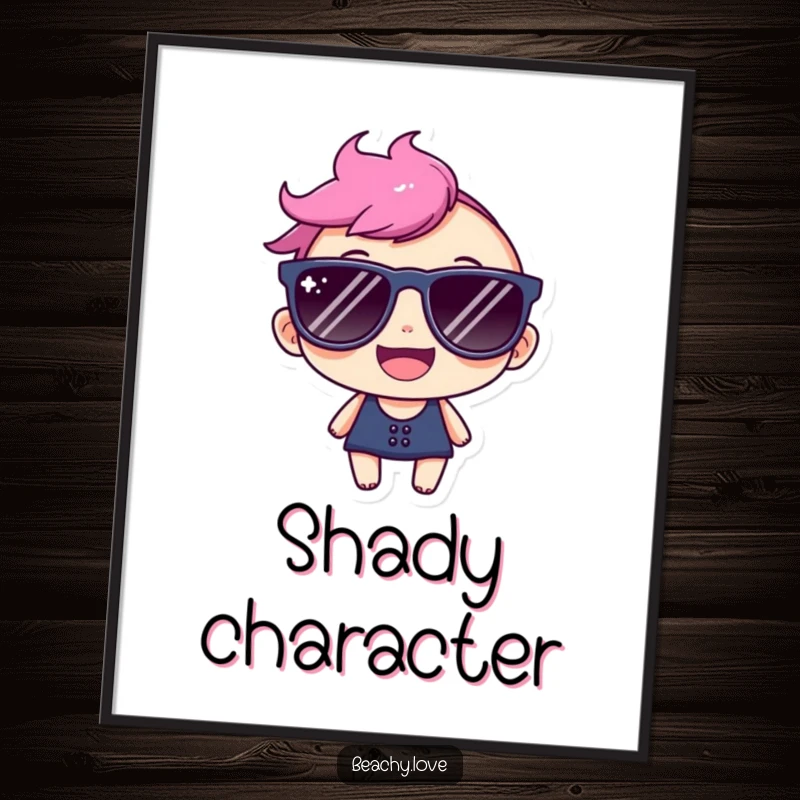 Funny digital art print of a happy character wearing oversized sunglasses, radiating a huge, cheerful smile and cool energy.