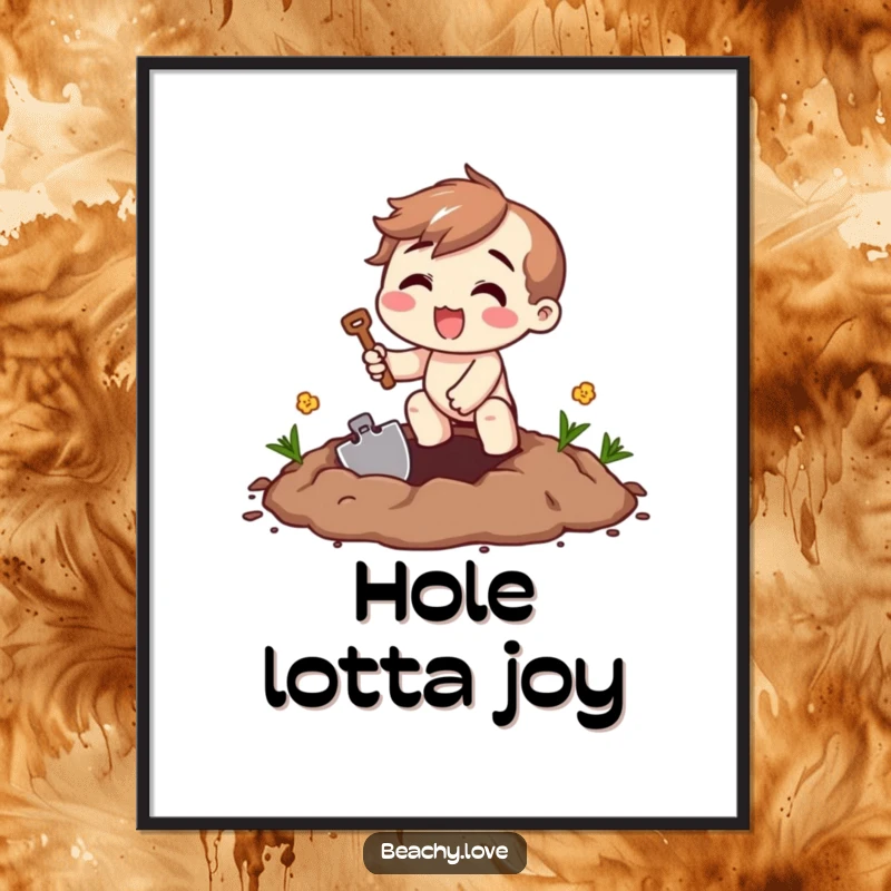 Funny digging excitement digital art print of a beaming character digging with a tiny shovel, perfect for instant wall decor.