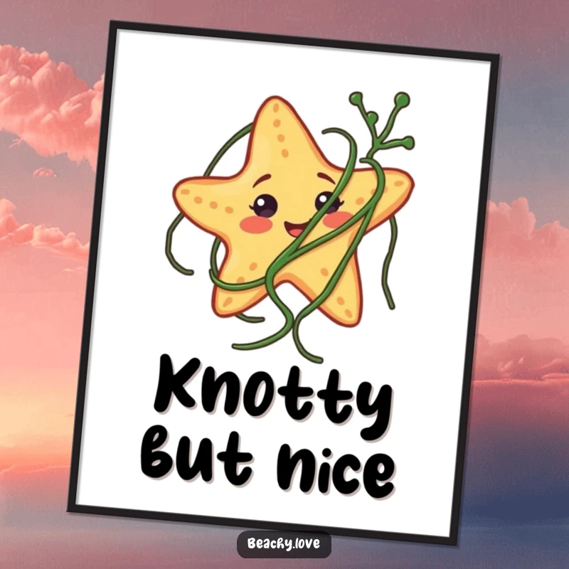 Funny digital art print of a smiling starfish comically tangled in seaweed, ideal for humorous, printable ocean-themed decor.