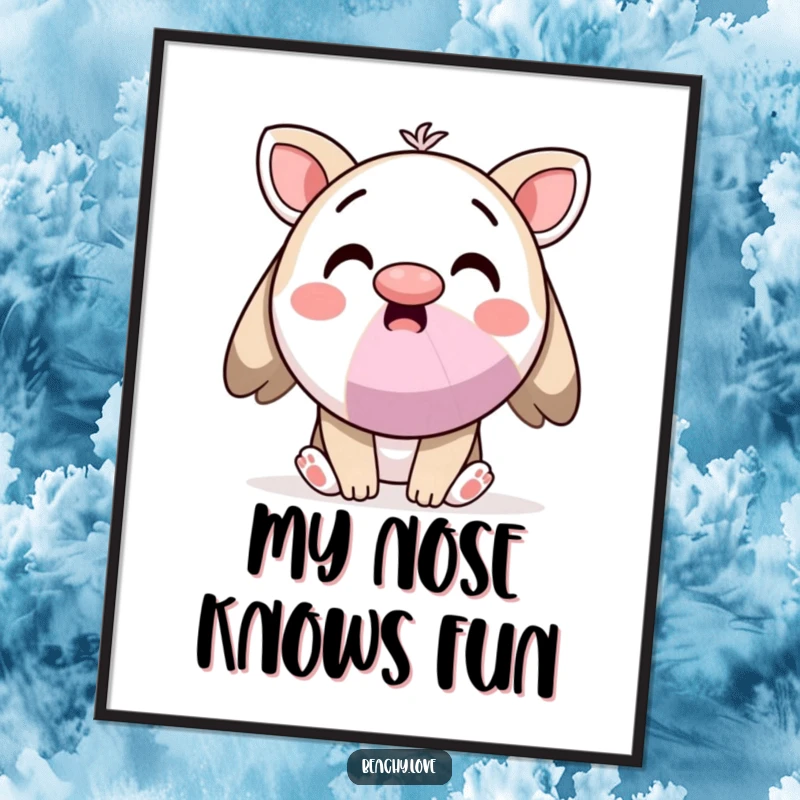 Funny digital art print of a surprised kawaii character balancing a beach ball on its nose, evoking quirky joy.