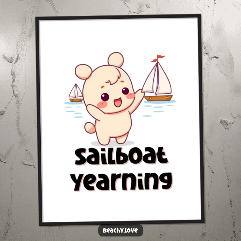 Funny kawaii character excitedly pointing at a distant sailboat, offered as a high-resolution digital art print for instant humorous decor.