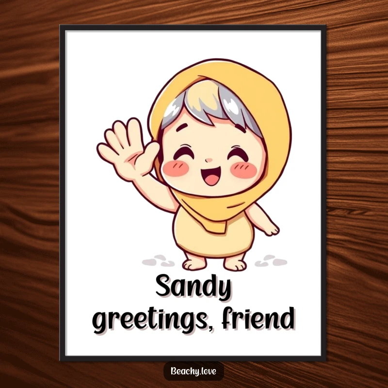 Funny digital art print of a character giving a big, playful wave with a sandy hand, for instant beach humor.