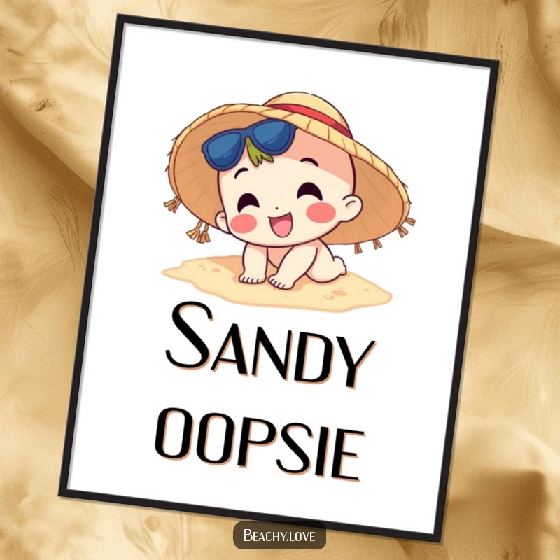 Funny digital art print of a happy character in a sun hat comically tripping on the sand, printable wall decor for humorous spaces.