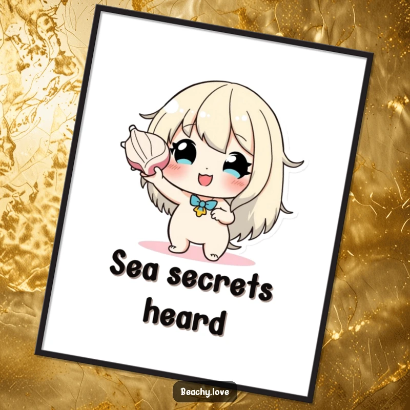 Funny digital art print of a hopeful character holding a seashell to their ear, evoking a sense of peace, wonder, and connection to the sea.