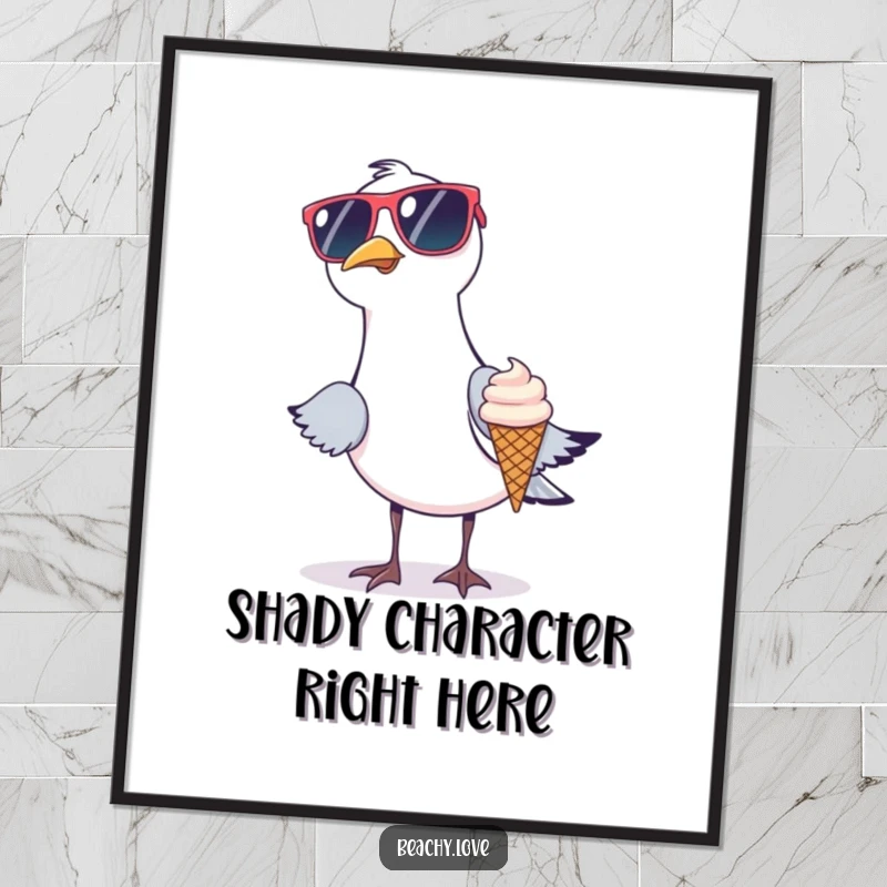 Funny digital art print of a seagull wearing oversized sunglasses attempting to steal a tiny ice cream cone. Whimsical beach art. Instant download.